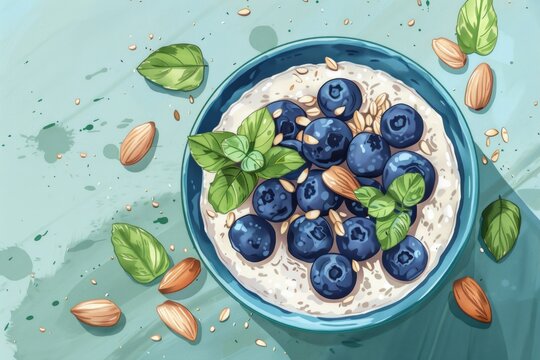 A bowl of oatmeal topped with fresh blueberries and crunchy almonds. Perfect for healthy breakfast concept