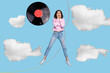 Composite trend artwork sketch image 3D photo collage of silhouette young attractive lady fly in air at huge vinyl retro music play