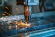 A machine is cutting metal with sparks flying. The sparks are coming from a drill bit that is cutting through the metal. Concept of power and precision