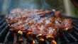 Outdoor barbecue, charcoal grill with ribs, close-up photo, blurred background.