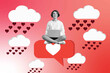 Sketch image composite trend artwork 3D photo collage of young hardworking lady sit on huge heart banner notification cloud like rain