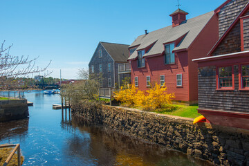 Waterfront residential houses in historic town center of Manchester-by-the-Sea, Cape Ann, Massachusetts MA, USA. 