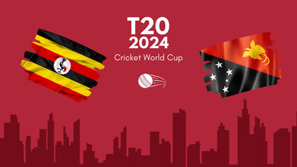 Papua New Guinea and Uganda flag, world map and building skyline use for t20 cricket world cup 2024 template banner design