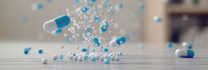 Wall Mural - Blue and white pills fall floating on a white background. Dynamic pharmacy concept.