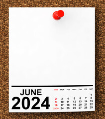 Aufkleber - Calendar June 2024 on Blank Note Paper. 3d Rendering