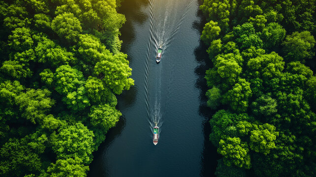 Aerial view of three boats on the river with green forest.