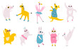 Vector illustration of dancing animals in disco glasses, birthday hats and cool costumes.