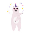 Vector illustration of a cool bear dancing in disco glasses and birthday hat.