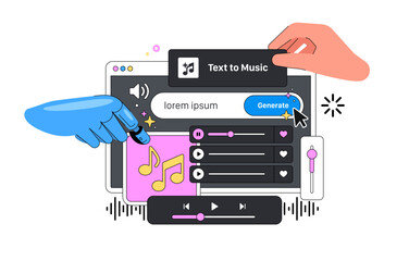 Wall Mural - artificial intelligence big layout vector illustration with hands. ai robot hand generate music from