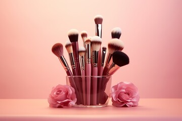 a group of makeup brushes in a glass container with pink roses