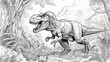 Dinosaurs: A coloring book page featuring a T-Rex roaring in a prehistoric jungle