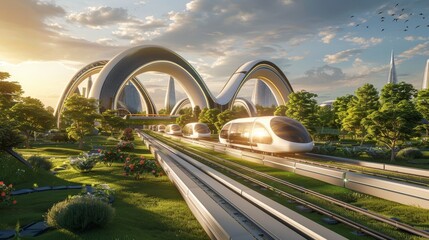 Sticker - A futuristic 3D utopian city with sleek transport pods and green spaces  AI generated illustration