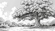 Nature: A coloring book page featuring a majestic oak tree, with a thick trunk and sprawling branches