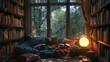 cozy reading nook bathed in soft lamplight, books and cushions arranged invitingly as rain patters against the windowpanes outside.