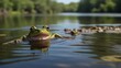 River Rhapsody: Frogs Chorus Sings in Riverside Marsh, Nature's Symphony Echoes in Rippling Waters