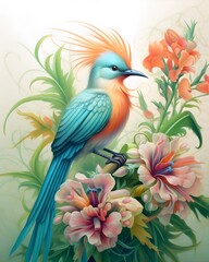 Wall Mural - a colorful bird on a branch with flowers