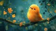 © QuietWord - cute yellow chic on tree branch , cute baby animal children's book style illustration, Generative Ai
