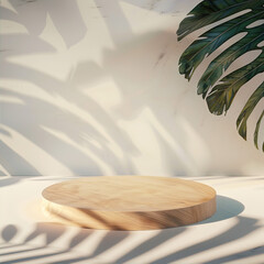 Poster - Wooden stand on a beige background with tropical leaves
