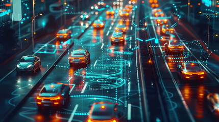 
Smart transport technology concept for future car traffic on road . Virtual intelligent system makes digital information analysis to connect data of vehicle on city street . Futuristic innovation 