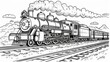 © MAY - Vehicles: A coloring book page with a classic steam train chugging along on railroad tracks
