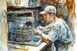 A watercolor painting of a man fixing a dishwasher. Ideal for home improvement projects