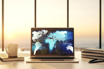 Wall Mural - abstract creative digital world map on modern laptop monitor, tourism and traveling concept. 3d rend