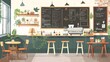 Cozy cafe atmosphere, menu with vegan milk alternatives, chalkboard style, inviting space
