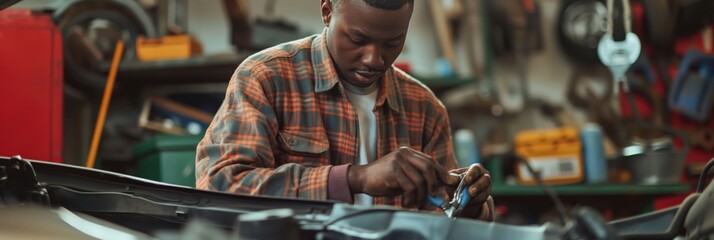 Wall Mural - Skilled mechanic attentively repairing a vehicle engine in an auto repair shop