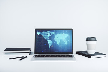 Wall Mural - modern computer screen with abstract creative digital world map, research and analytics concept. 3d 