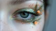© QuietWord - beautiful eyes make up, woman wearing flower with coniferous branch with glitter glow eyeshadows, Generative Ai