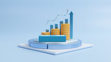 Fototapeta Przestrzenne - Increasing arrow and stack of money as financial saving rising concept on white podium, increasing of interest rates, financial concept and business profit growth concept, 3d rendering illustration.