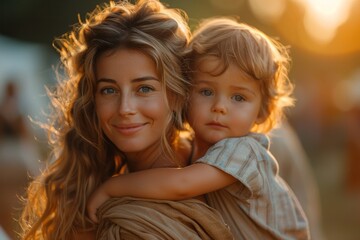 Mother lovingly holds her son close in a tender outdoor portrait at sunset