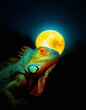 An iguana's eyes glowing under the light of a full moon, set against a dark, mysterious background