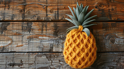 Knitted Yellow Pineapple Cover on Rustic Wooden Background