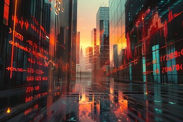 Wall Mural - a futuristic financial district at twilight with holographic stock market charts hovering above the street