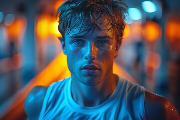 Wall Mural - Tired male athlete taking a break in a gym with colorful neon lighting