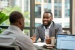 © Ilia Nesolenyi - A confident financial advisor sitting at a desk in a sleek office, talking to a client about investment opportunities