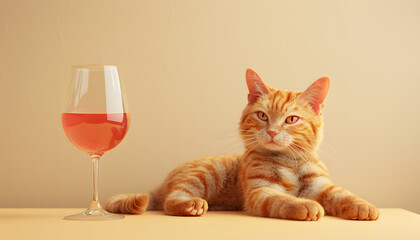Wall Mural - A 3D rendered cat is happily drinking a glass of wine