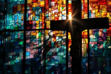 Wall Mural - Silhouette of a Holy Cross against a colorful stained glass window