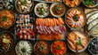 Fish and meat meals variety flat lay, Top view on buffet with assortment of healthy hearty food, Buffet, banquet, appetizer, restaurant menu concept, hyperrealistic food photography