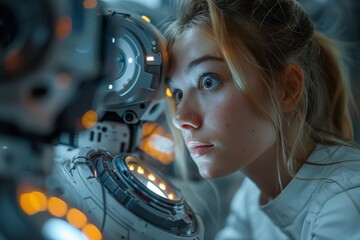 A scene showing a human collaborating with a futuristic AI robotic arm, indicative of the blend of human intelligence and machine efficiency