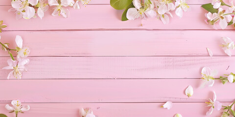 Sticker - Pink wooden background with frame of flowers
