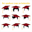 Set of black hair silhouettes with red graduation caps. Vector modern haircuts with education student caps for men or women, isolated on white