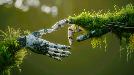 Robot hand and natural hand covered with grass reaching toward each other, technology and nature joining forces, 3D rendering