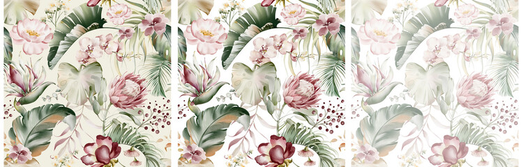 Wall Mural - Floral tropical watercolor pattern. Seamless exotic print of Australian flower. Orchid, eucalyptus, protea and rose. Pink flowers and green leaf. Hawaiian design and jungle texture.