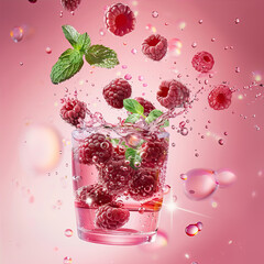 Canvas Print - Cocktail with raspberries and mint on a pink background
