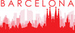 Red panoramic city skyline poster with reddish misty transparent background buildings of BARCELONA, SPAIN