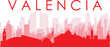 Red panoramic city skyline poster with reddish misty transparent background buildings of VALENCIA, SPAIN