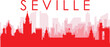 Red panoramic city skyline poster with reddish misty transparent background buildings of SEVILLE, SPAIN