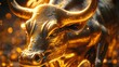 Close-up of a golden bull statue, glowing warmly, serving as a powerful symbol of financial strength and prosperity.